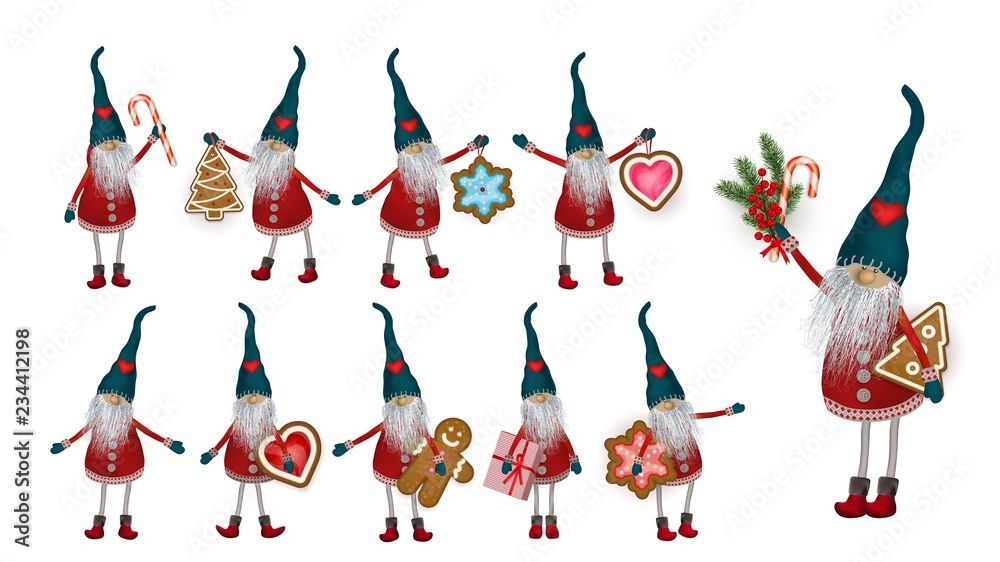 Fototapeta premium Christmas Elf with gifts, cookies and sweets, set. Scandinavian folk character, Vector illustration