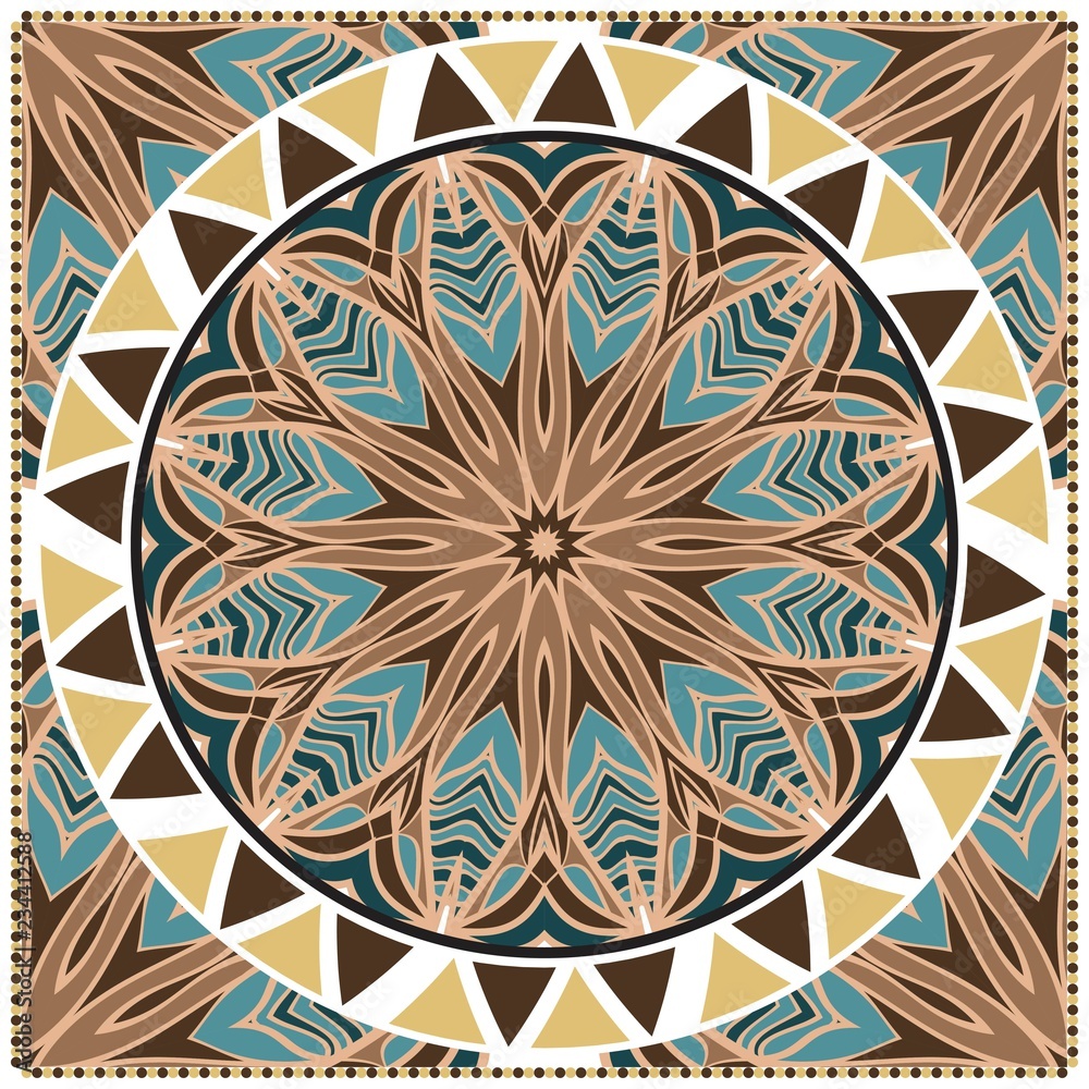 Floral Geometric Pattern with hand-drawing Mandala. illustration. For fabric, textile, bandana, scarg, print.