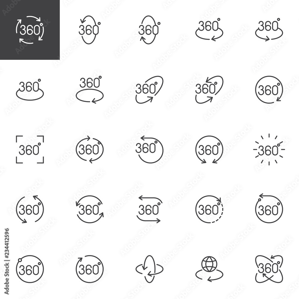 360 degrees outline icons set. linear style symbols collection, line signs pack. vector graphics. Set includes icons as Angle 360 degrees video panoramic view, rotation arrows, virtual reality gaming