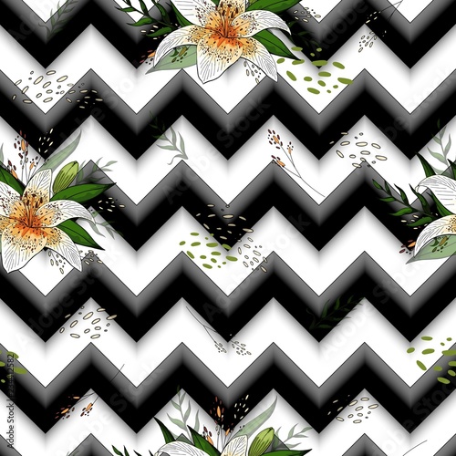 Fototapeta Naklejka Na Ścianę i Meble -  Seamless pattern with image tiger lily flowers on a geometric background