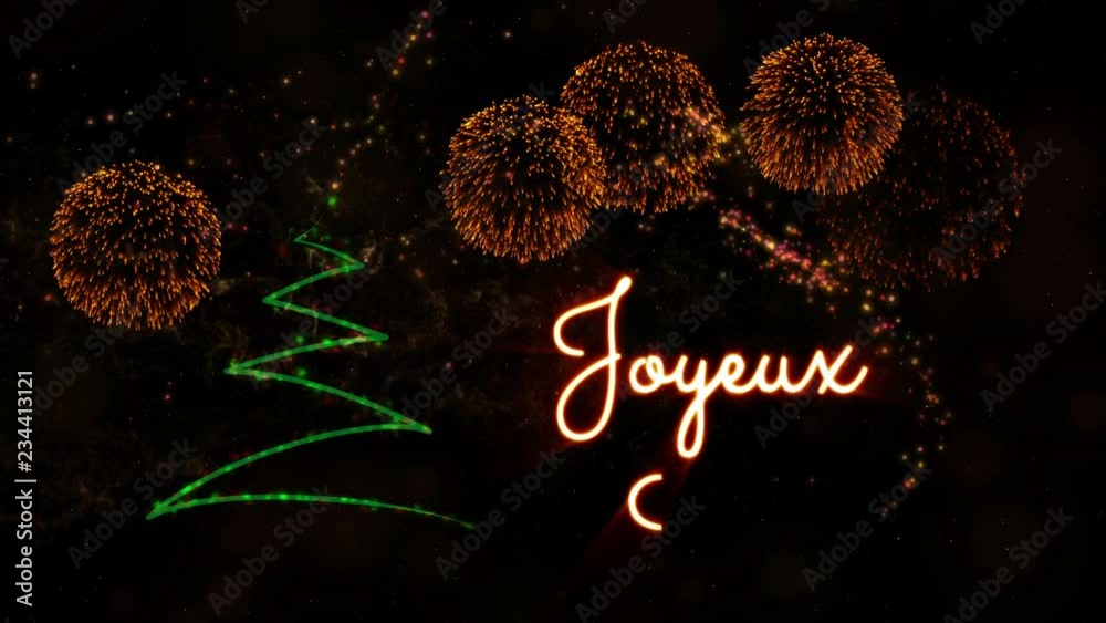 Merry Christmas' text in French 'Joyeux Noel' animation with pine tree and fireworks