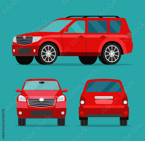 Red car two angle set. Car side view, back view and front view. Vector flat illustration