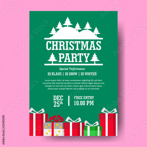 Christmas party poster template with gift box. vector illustration