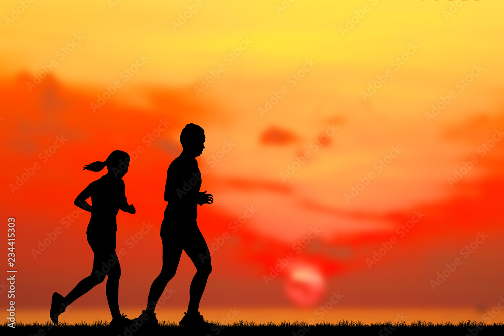silhouette lover couple running on sunrise