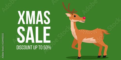 Christmas sale banner template with reindeer on the green background. vector illustration. cartoon style.