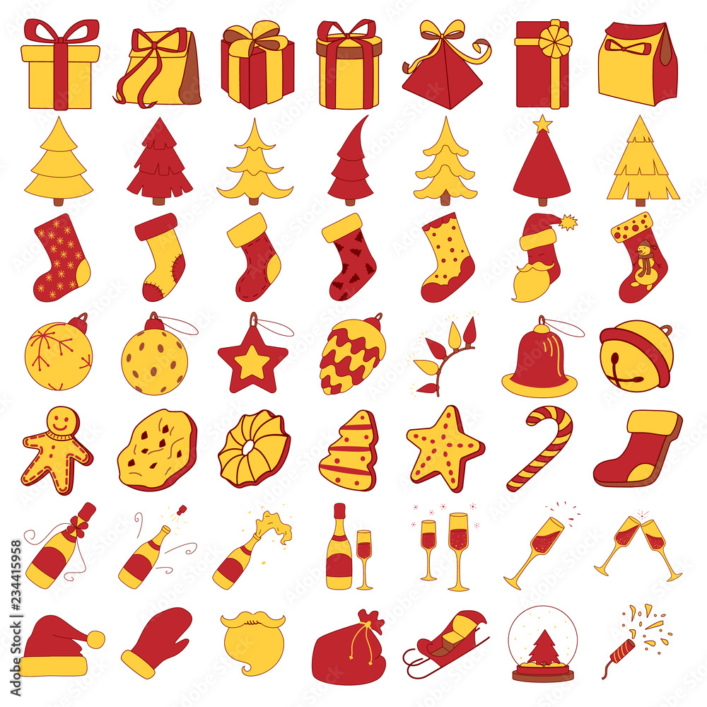 Fototapeta Christmas icon set red and yellow color isolated
