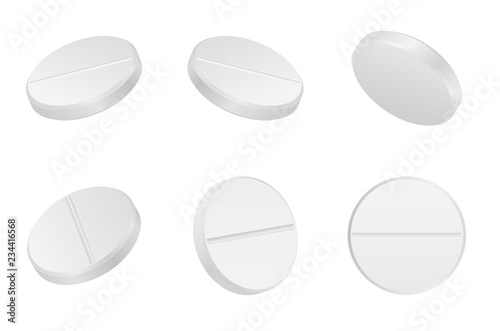 Realistic white medical pills isolated on white background. Vector