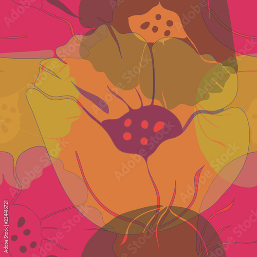 Transparent layers bright pink, yellow and warm orange poppy flowers  seamless repeat pattern. Perfect for home decor,  wallpaper, gift, fashion  and accessories 
