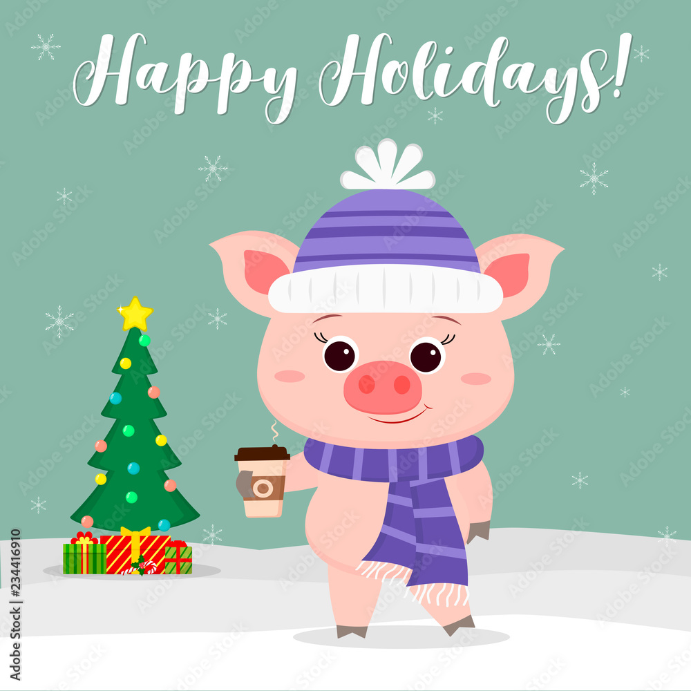 New Year and Christmas card. Cute pig in a hat and scarf holding a glass of coffee on the background of winter and snowflakes. Christmas tree and gifts. Vector, cartoon style