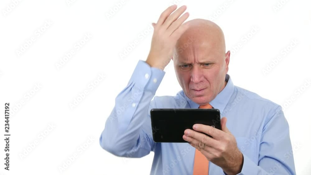 Manager Read Financial Bad News on Touch Tablet and Gesticulate Disappointed Manager Read Financial Bad News on Touch Tablet and Gesticulate Disappointed