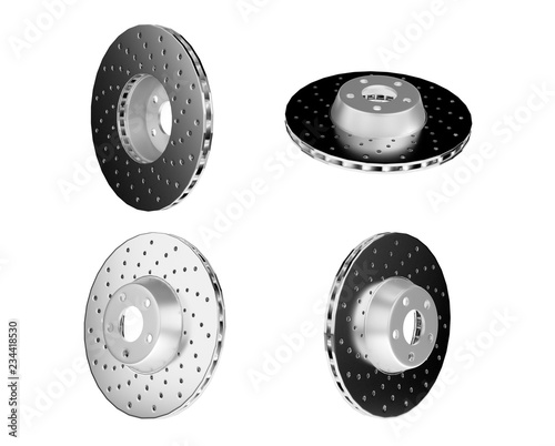 Auto spare parts for passenger car, new brake disks on white background