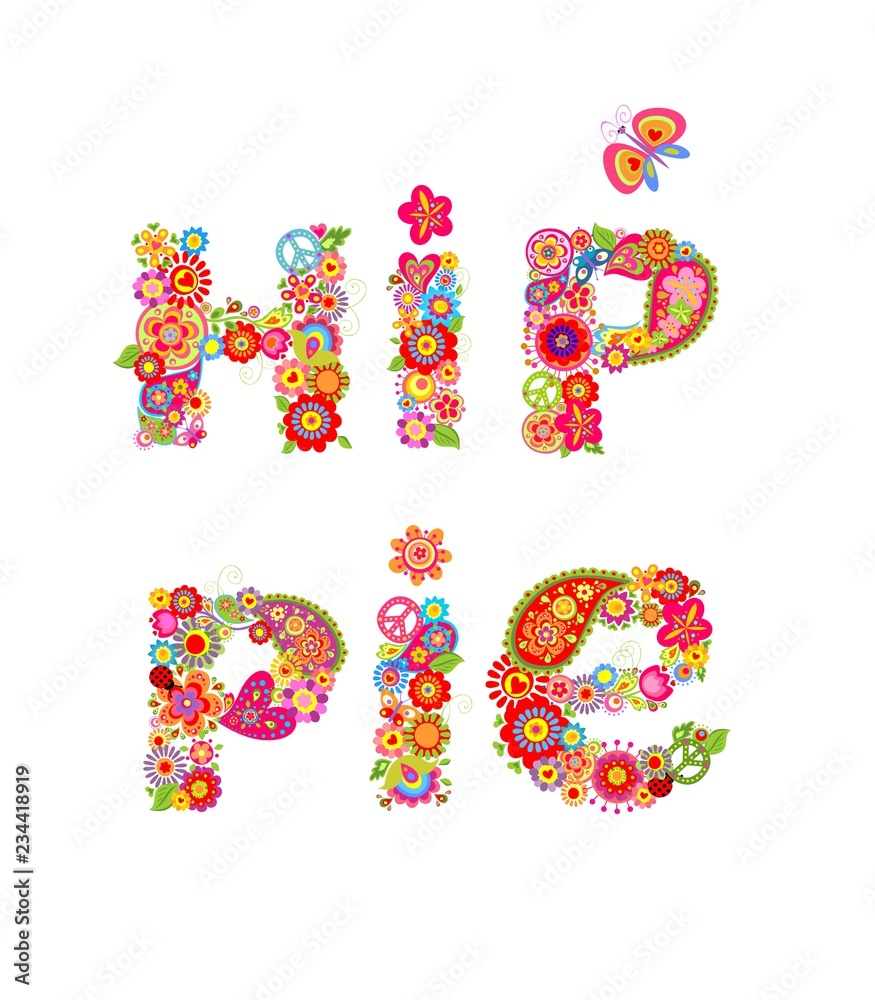Colorful hippie lettering print with colorful abstract flowers and hippy peace symbol for t shirt design
