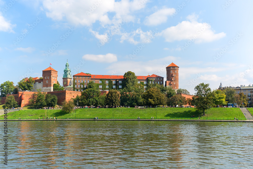 Wawel Royal Castle, view from the side of the Wisla river, Krakow, Poland