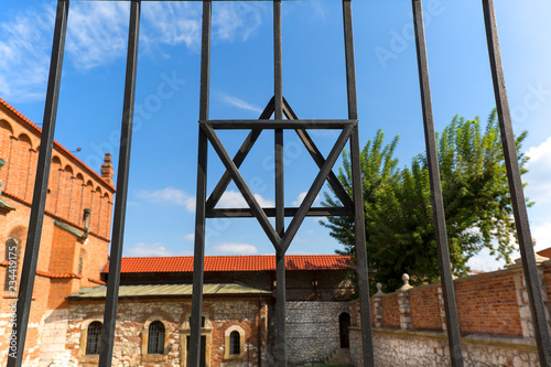 Old Synagogue, Szeroka street in Jewish district Kazimierz, Star of David on metal fence, Krakow, Poland