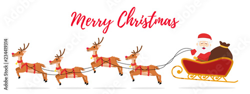 Christmas banner with flying santa with reindeer. vector illustration