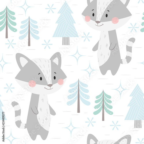 Raccoon baby winter seamless pattern. Cute animal in snowy forest christmas print.