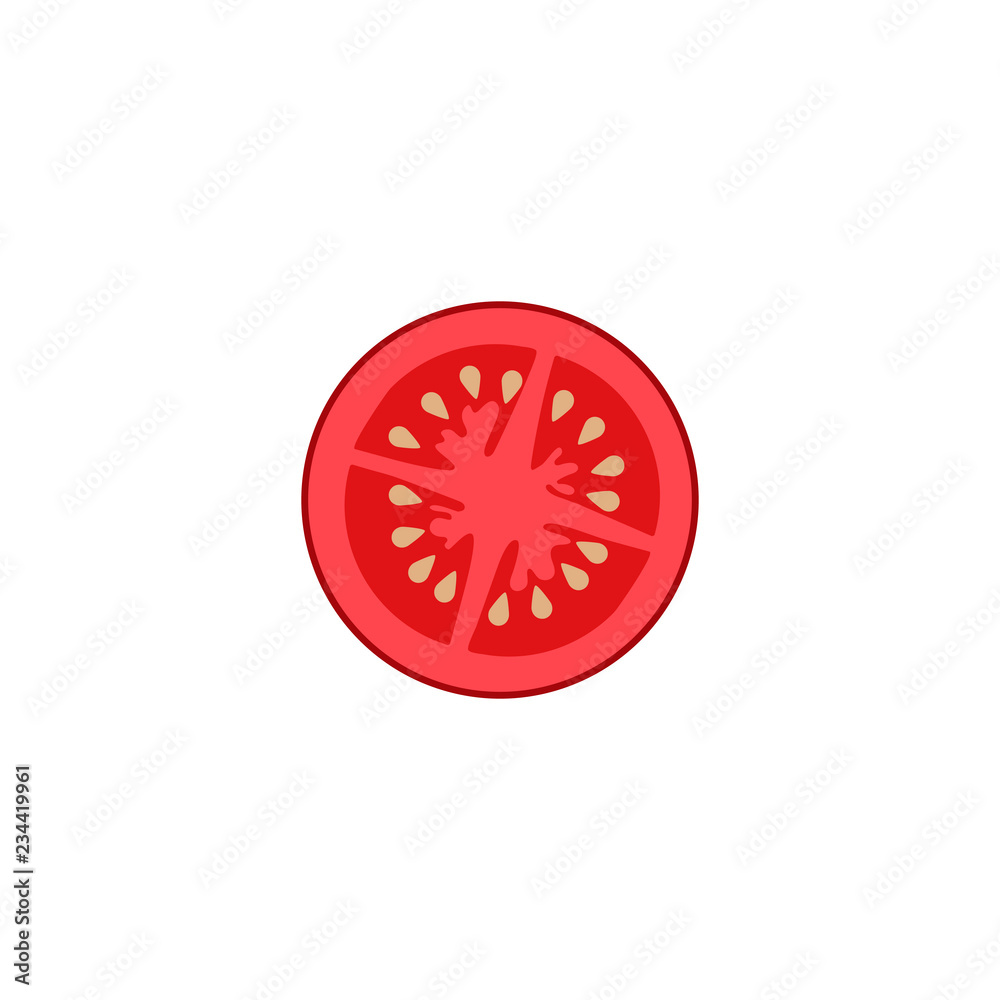 Vegetable slice. Piece of tomate on white background. Vector illustration.