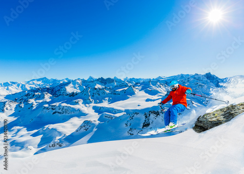 Skiing with amazing view of swiss famous mountains in beautiful winter snow  Mt Fort. The matterhorn and the Dent d'Herens. In the foreground the Grand Desert glacier. photo