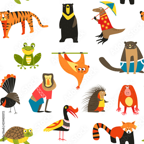 Exotic animals variety seamless pattern isolated on white, lemur and hedgehog vector.