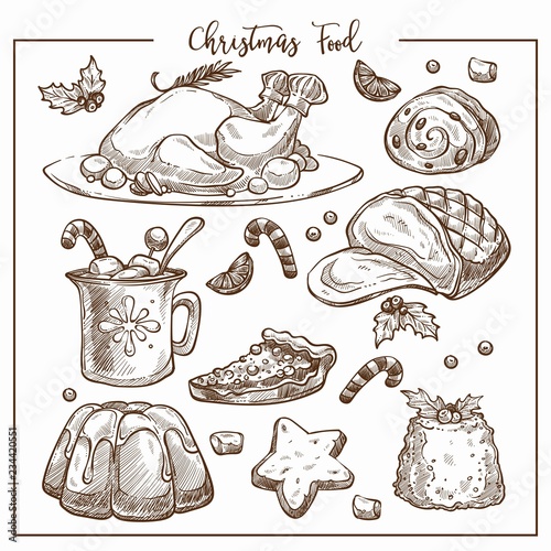 Christmas traditional dinner menu vector sketch illustration set of dishes.