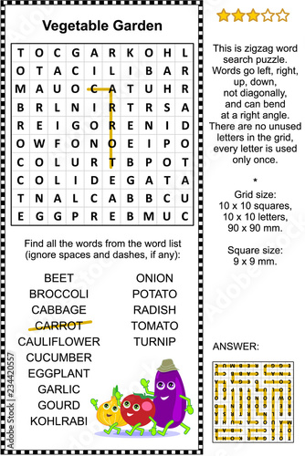 Vegetables themed zigzag word search puzzle (suitable both for kids and adults). Answer included.
