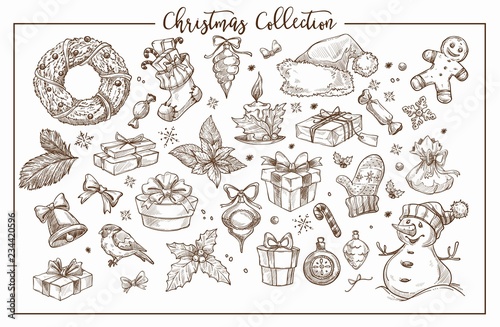 Christmas collection of symbolic traditional elements monochrome sketch outline vector.