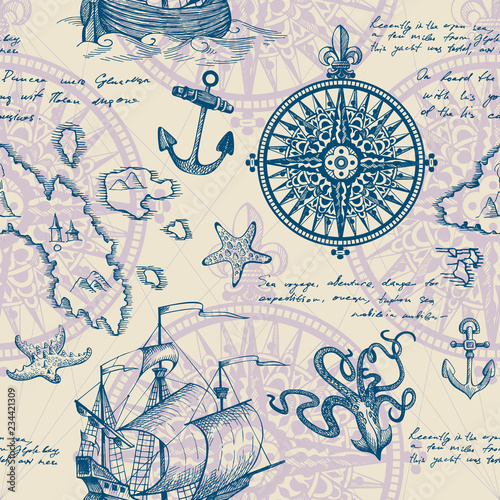 Old caravel, vintage sailboat, sea monster. Vector seamless pattern