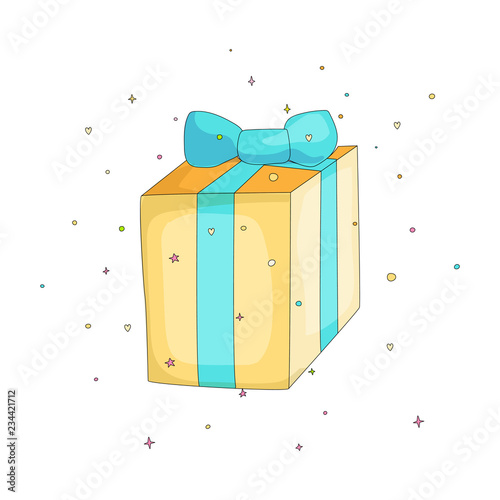 Fun cartoon gift box with blue ribbon icon. Closed gift box with present on the holidays. Funny drawing gift box on decoration white background whith blue ribbon.