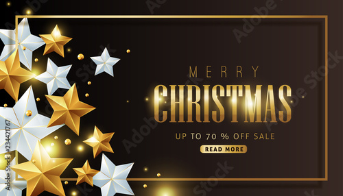 Merry christmas sale background Decorated with Gold and silver Stars.Vector illustration template.