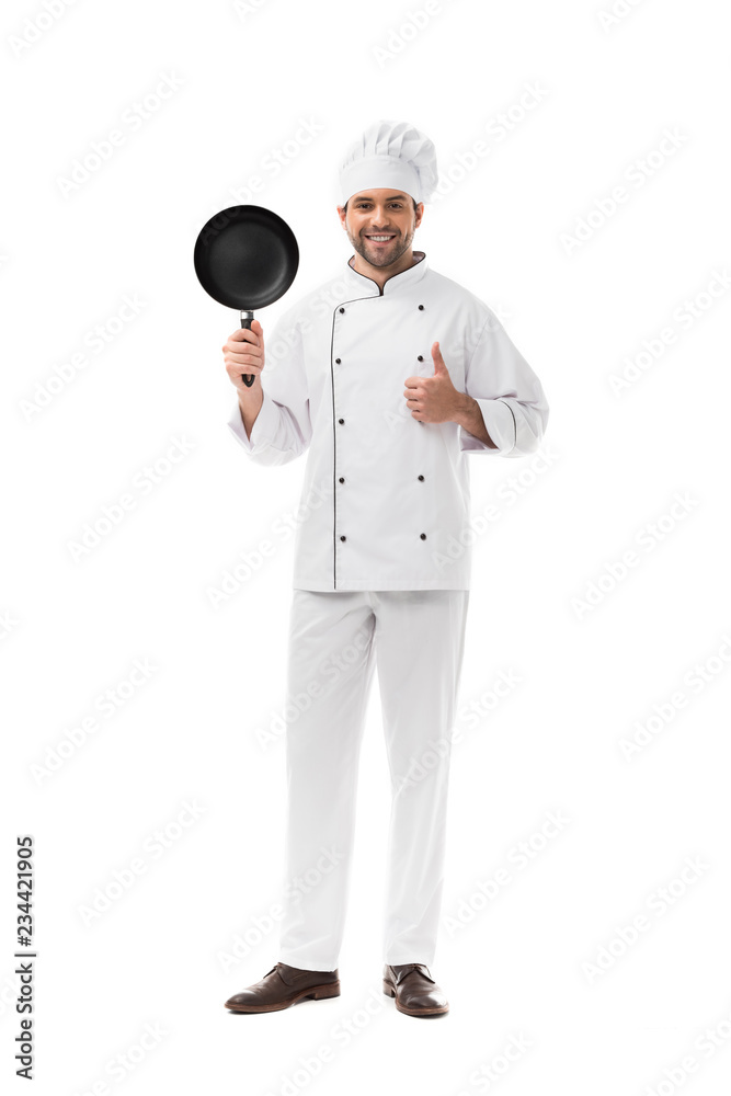 happy young chef with frying pan showing thumb up isolated on white happy young chef with frying pan showing thumb up isolated on white