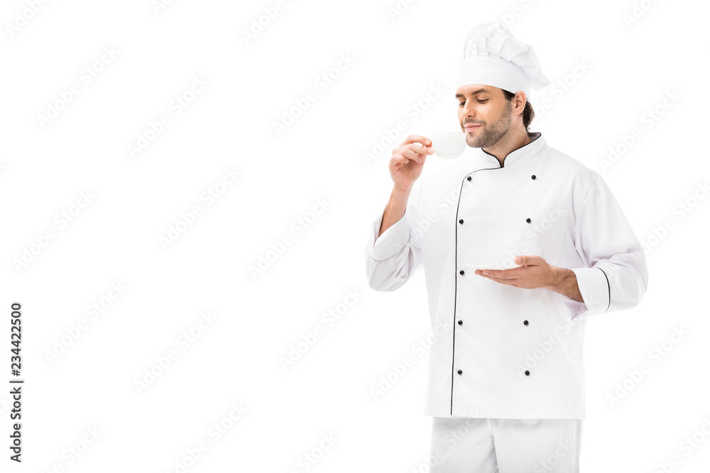 smiling male cook holding saucer and cup of coffee isolated on white smiling male cook holding saucer and cup of coffee isolated on white