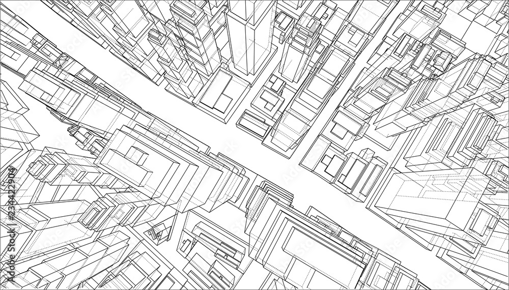 Fototapeta Wire-frame City, styl Blueprint. Wektor