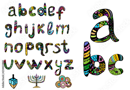 English multicolored alphabet, hanukiya, savivon, donuts. hand draw doodle. Set for the Jewish holiday of Hanukkah. Vector illustration on isolated background.