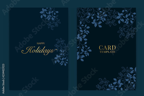 Happy holidays card template with Navy blue and Golden leaf