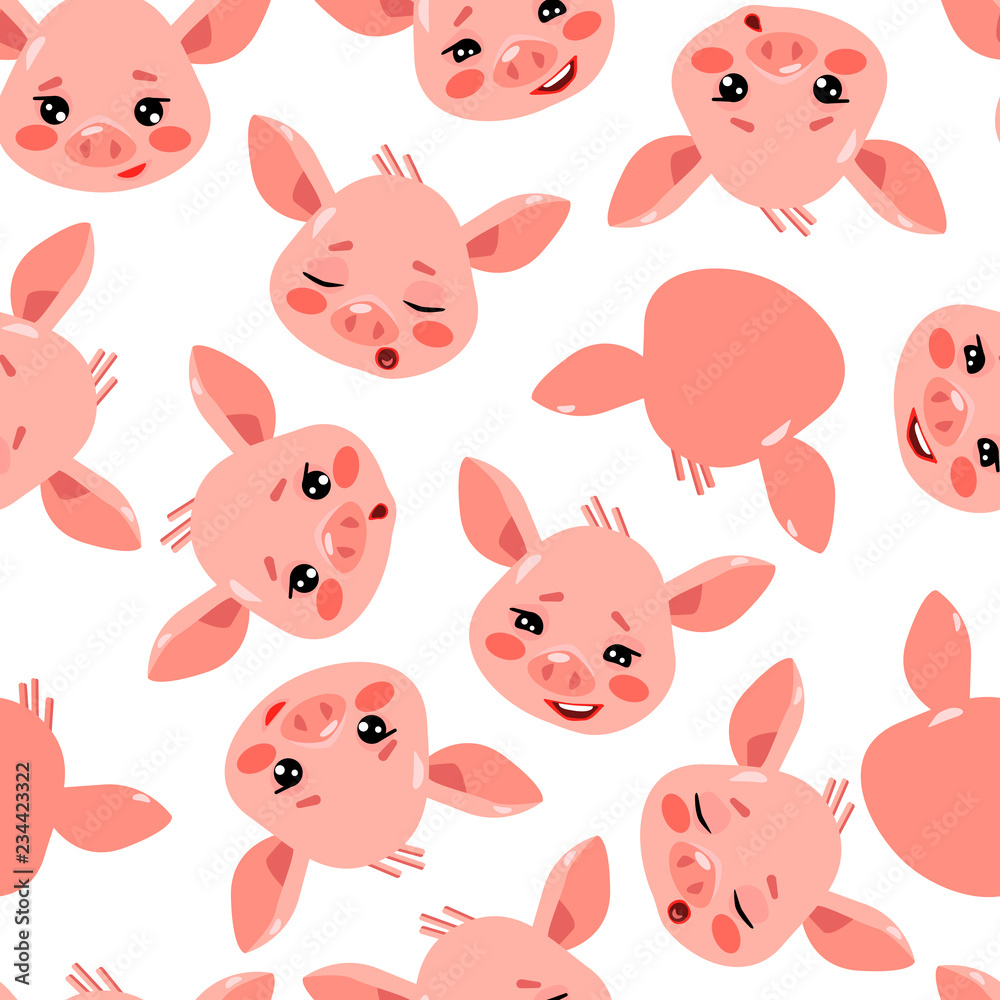 Seamless pattern with a cute little pig faces on white background. Vector illustration of a cartoon character of the sign of year 2019 Seamless pattern with a cute little pig faces on white background. Vector illustration of a cartoon character of the sign of year 2019