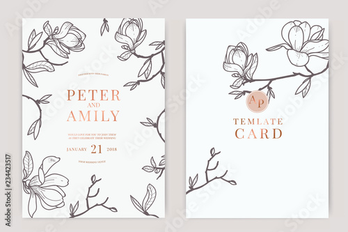 Wedding Invitation, floral invite thank you, rsvp modern card Design in white magnolia with Metallic text and leaf greenery  branches decorative Vector elegant rustic template
