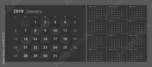 The calendar for the 2019 new year printable. 3d paper