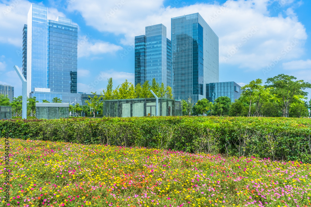 modern office buildings with green modern office buildings with green