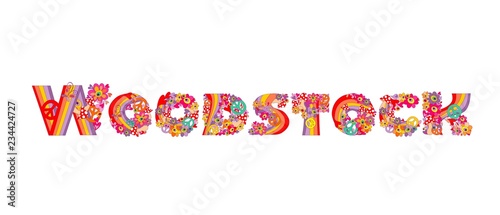 Fashion design isolated on white background with Woodstock hand drawing lettering for t shirt hippie print and party poster photo