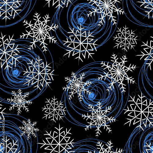 Snowflakes. Snow winter. Seamless vector pattern. Hand linear cartoon drawing on black background. photo