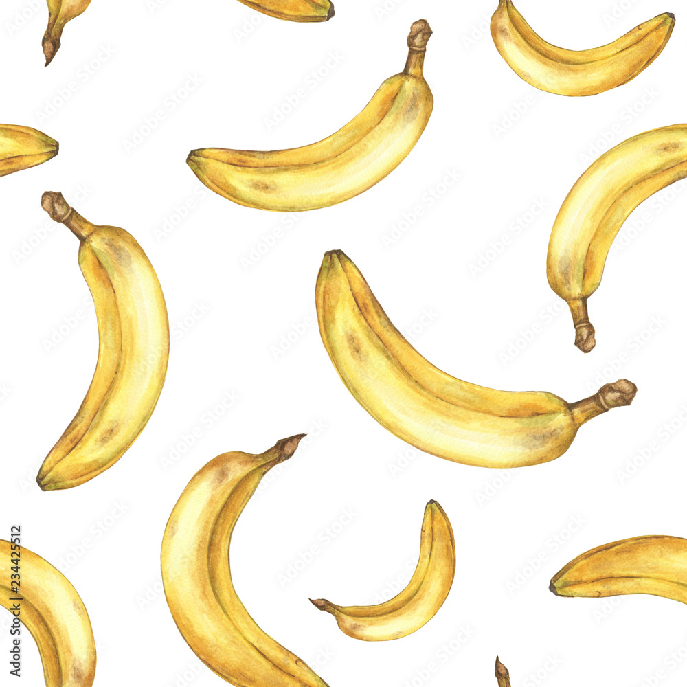 Watercolor seamless pattern with bananas. Hand painted tropical fruit on white background. Watercolor seamless pattern with bananas. Hand painted tropical fruit on white background.