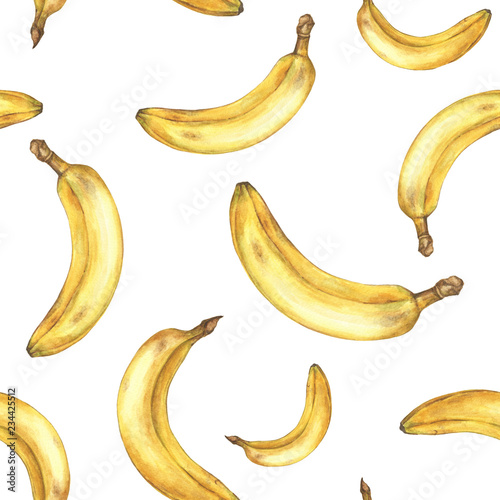 Watercolor seamless pattern with bananas. Hand painted tropical fruit on white background.
