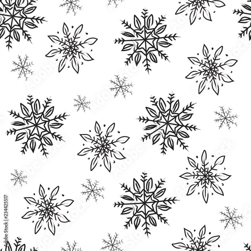 Snowflakes. Snow winter. Seamless vector pattern. Hand linear cartoon drawing on white background.