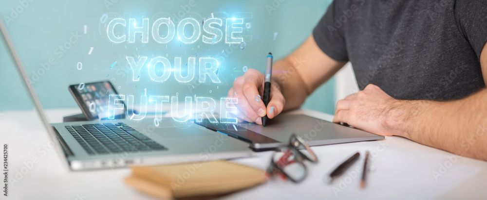 Graphic designer using future text interface 3D rendering Graphic designer using future text interface 3D rendering