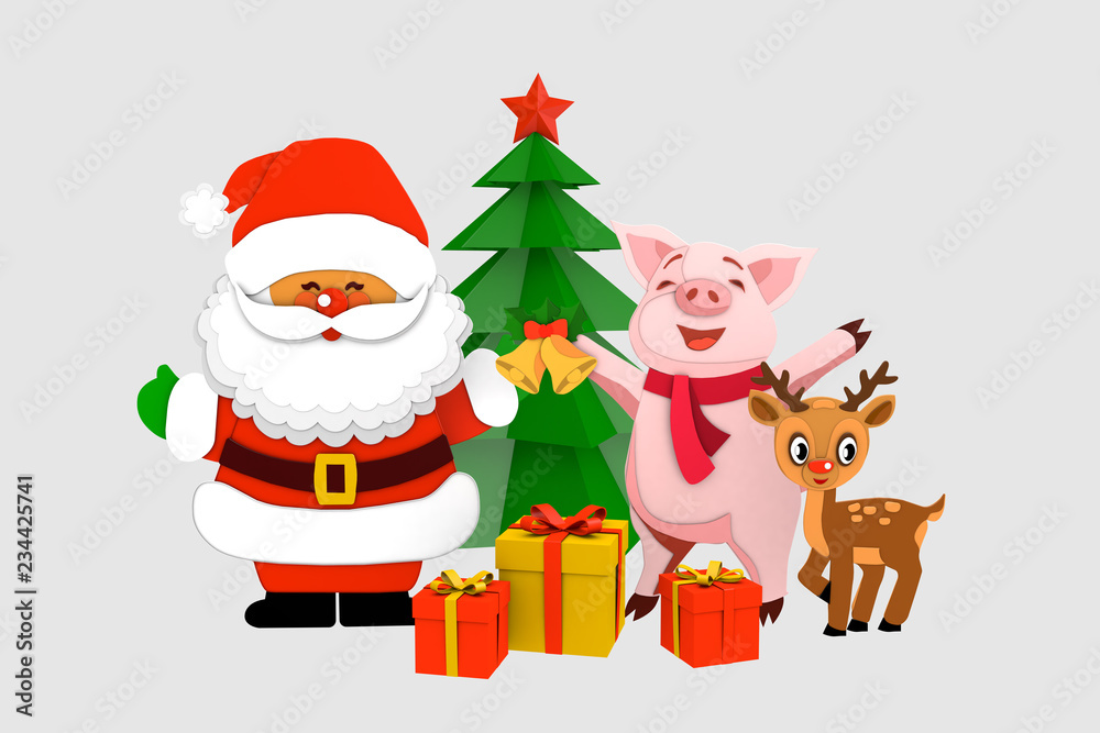 3d rendering paper cut of pig. santa claus and deer snowman figurines christmas holiday