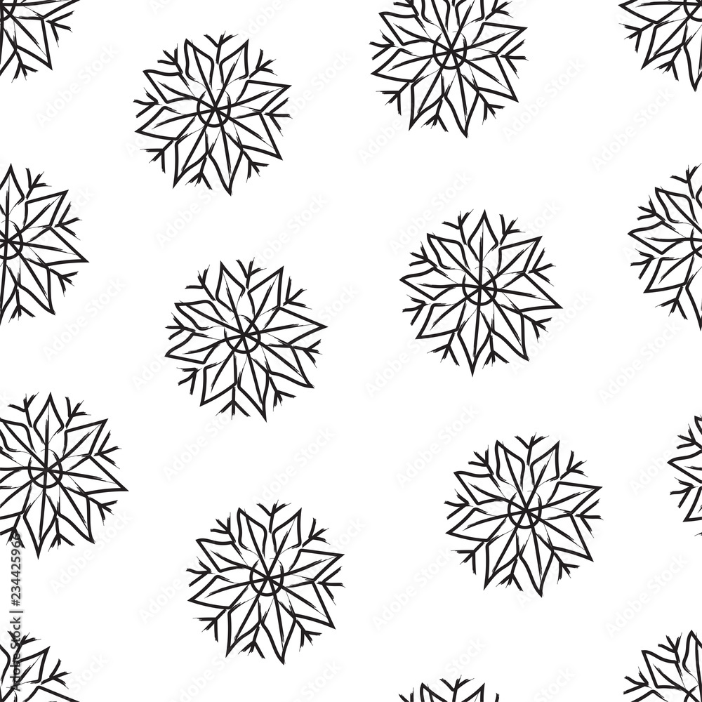 Snowflakes. Snow winter. Seamless vector pattern. Hand linear cartoon drawing on white background.