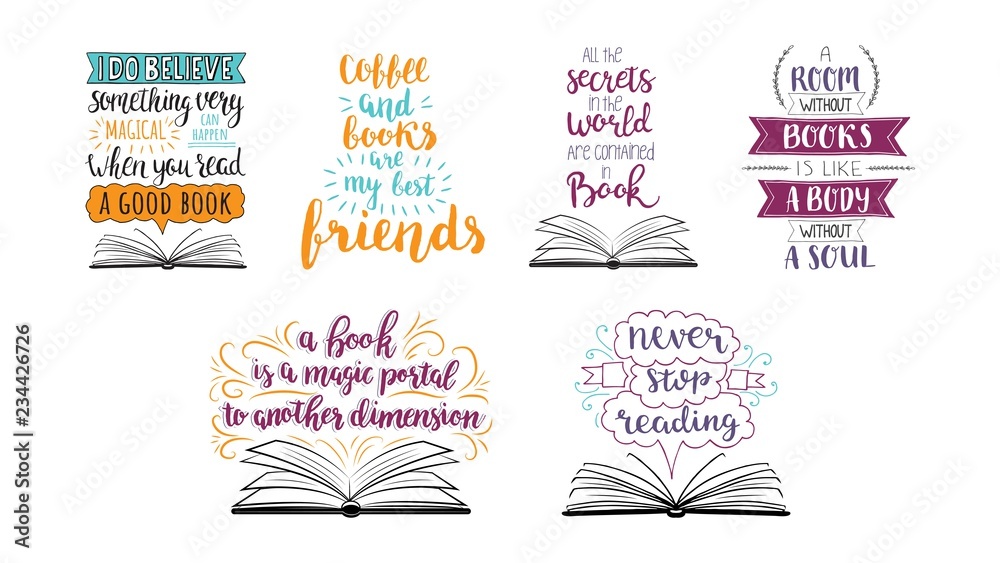 Set of hand drawn quotes about reading and books. Vector motivation lettering Set of hand drawn quotes about reading and books. Vector motivation lettering