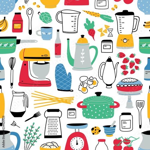 Colorful seamless pattern with cooking tools on white background. Backdrop with kitchen utensils for homemade meals preparation. Vector illustration in flat style for textile print, wrapping paper.