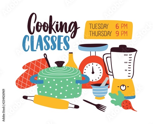 Banner template with kitchenware or kitchen utensils for cooking or food preparation. Colored vector illustration in modern flat style for culinary classes or lessons advertisement, promotion.