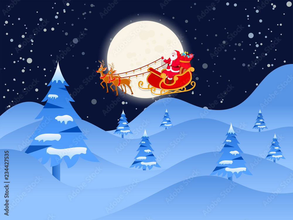 Fototapeta premium Merry Christmas festival celebration concept, illustration of flying santa sleigh with happy santa clause on fullmoon winter night background.